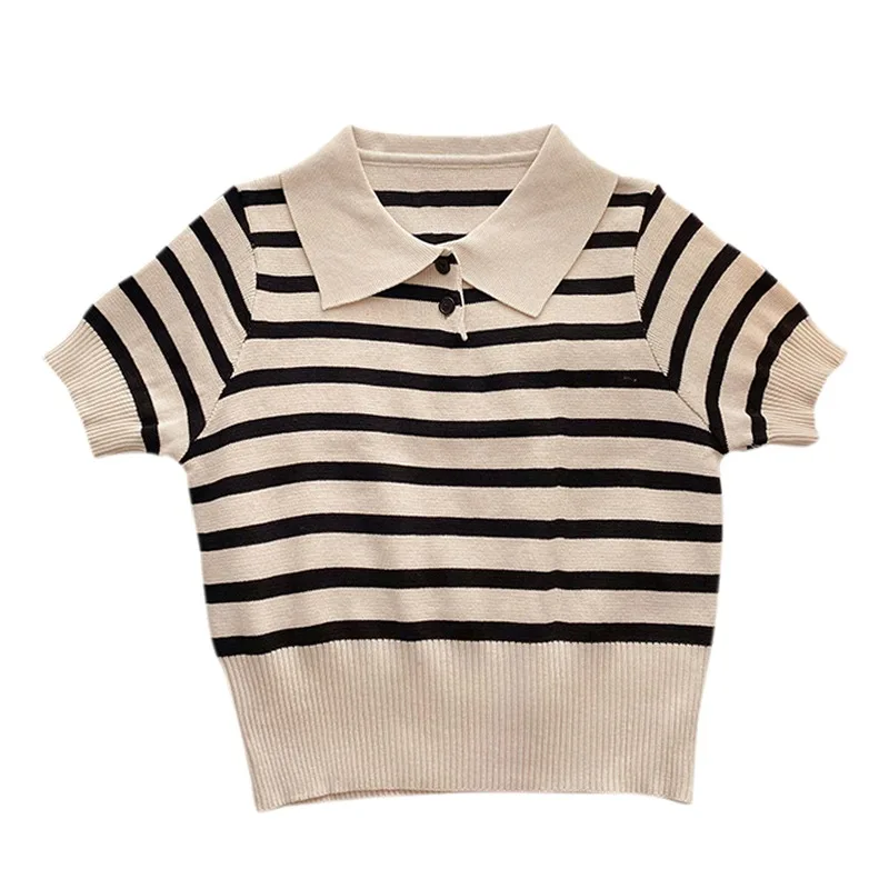 Женский винтажный кроп-топ в полоску с воротником отворотом облегающий