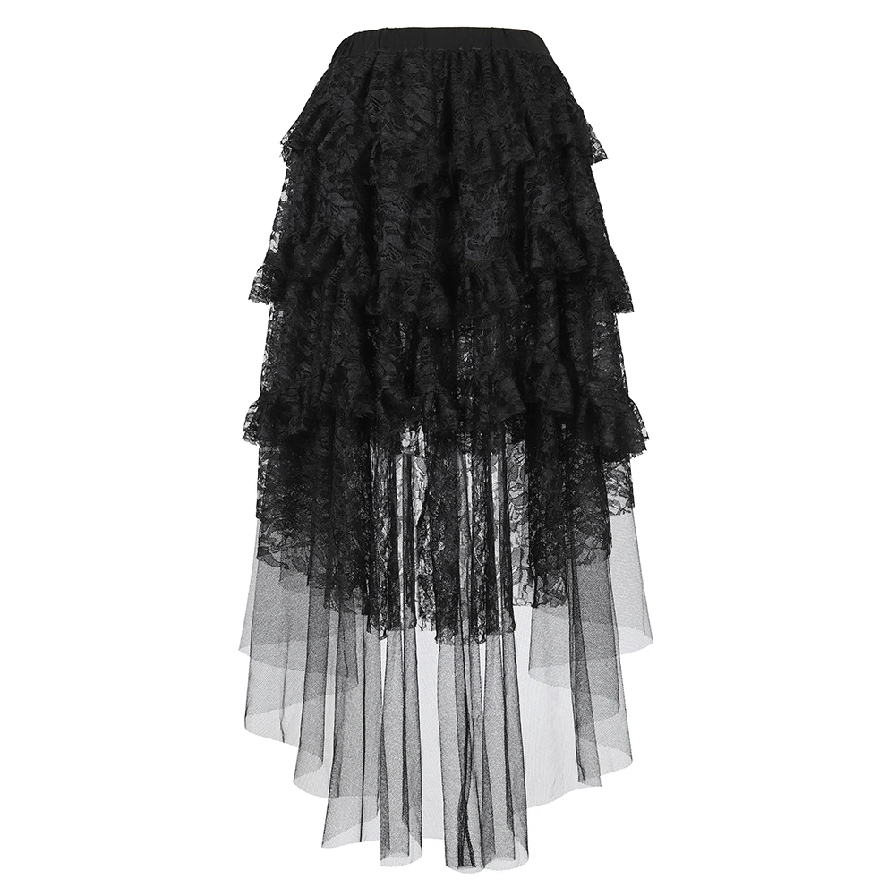 

Sexy Lace Layered Pleated Skirt Women Steampunk Asymmetrical High Low Skirt Black Ruffle Tulle Lace Long Skirts Plus Size S-6XL