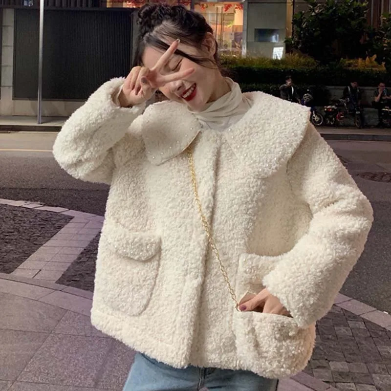 Kawaii Sweet Doll Collar Beaded Lamb Wool Sweater Padded Jacket Women Korean Loose Autumn Winter Single-Breasted h Mid Coat