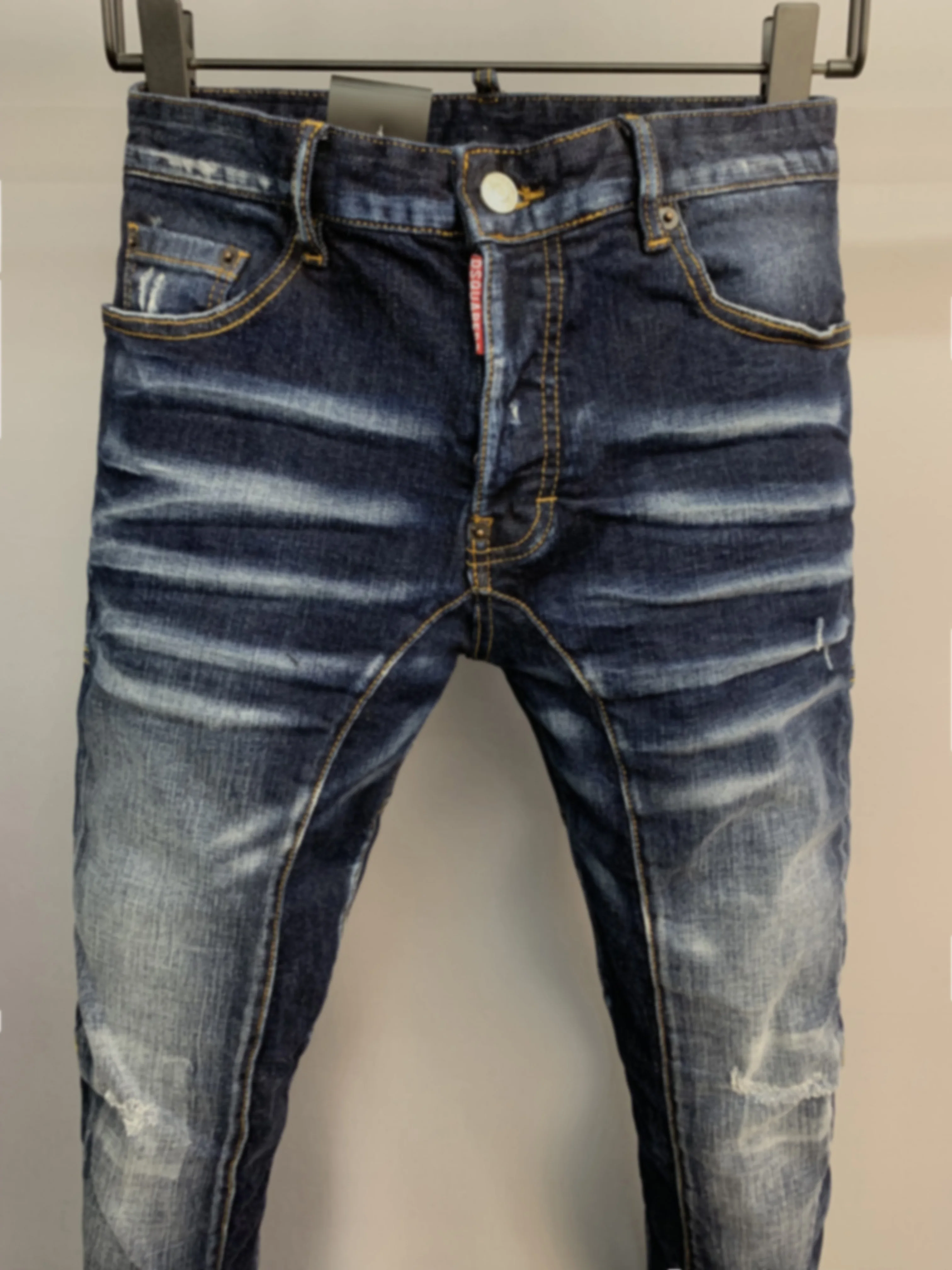 2023 Spring/Summer New Jeans Men's Fashion Men's Washed and Worn Hole Patch Paint 3D Cut Straight Barrel Blue