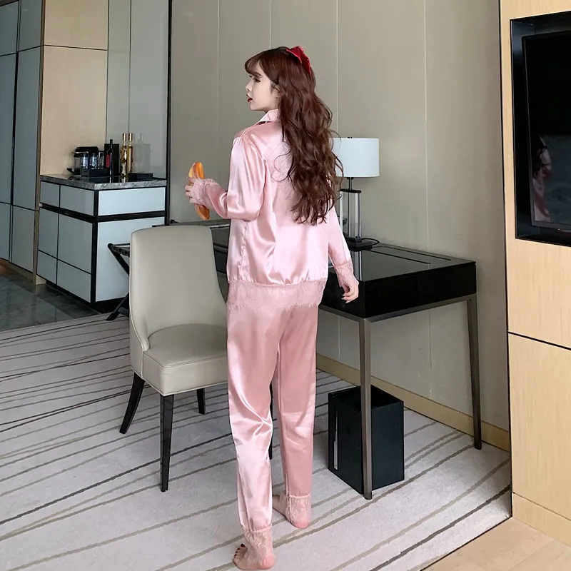 Silk Pajamas for Women Solid Lace Sleepwear Women Spring Autumn set woman 2 pieces Satin Ladies Pijamas Loungewear