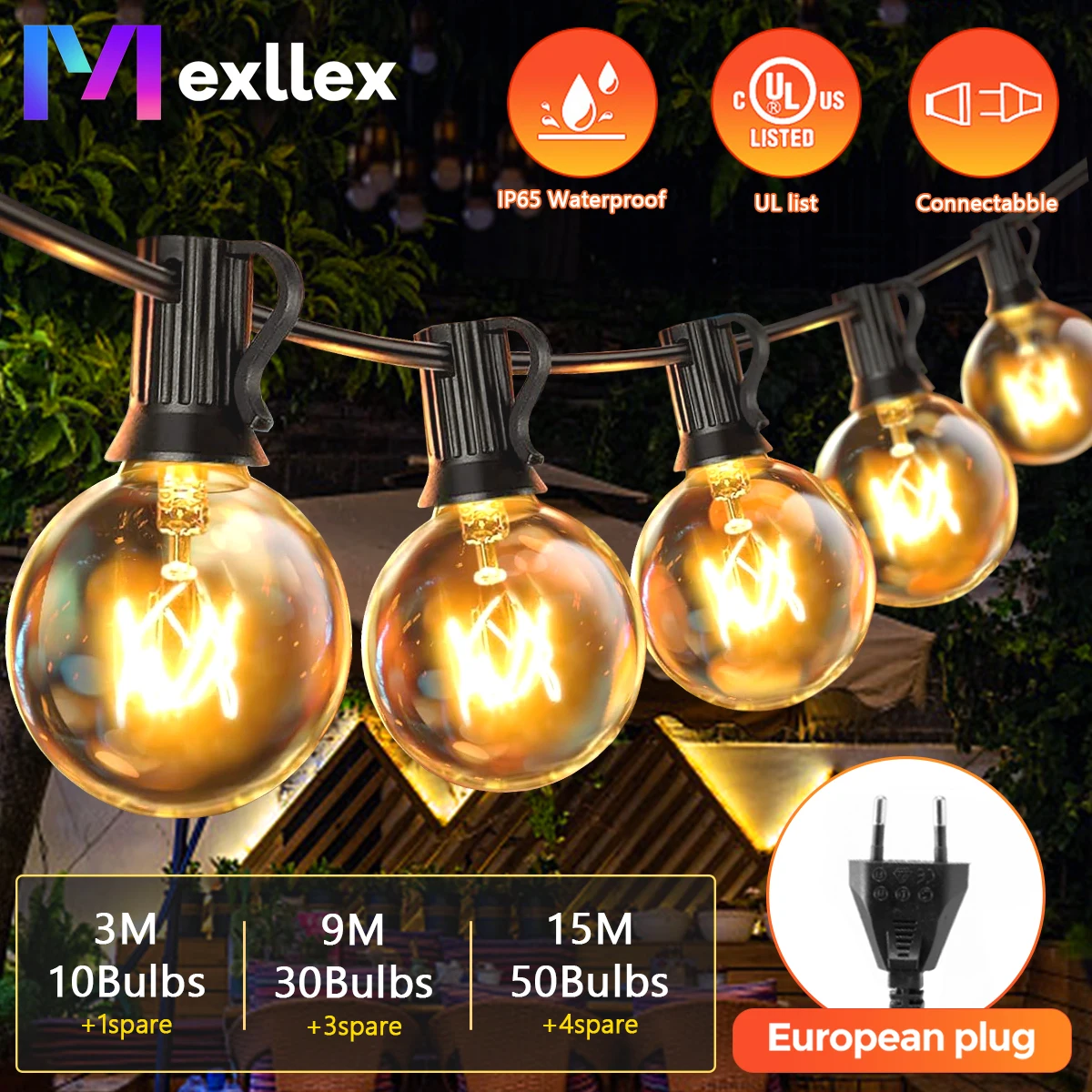 Теплая белая уличная гирлянда Wolframia G40 для внутреннего двора 15 м/50 футов