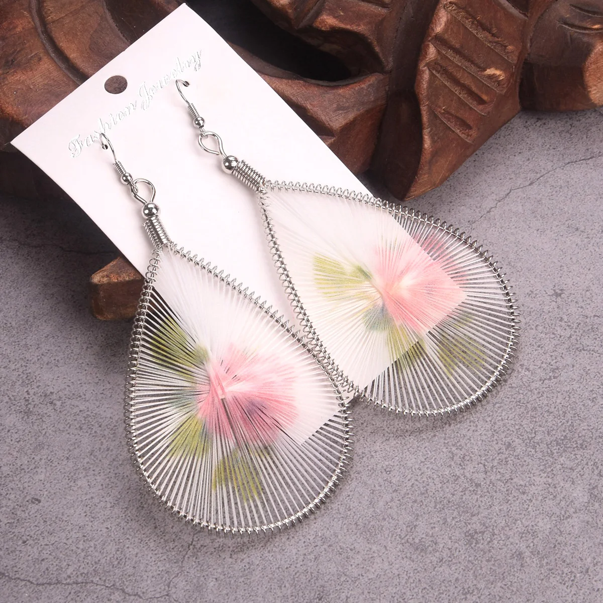 

White Flower Handmade Threaded Teardrop Shape 99x55mm Big Ethnic Dangle Drop Earrings Fashion Jewelry For Women