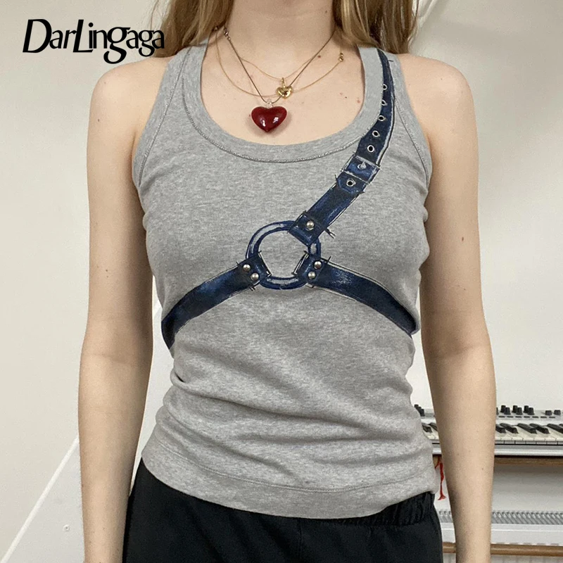 

Darlingaga Streetwear Ribbed Knit Print Summer Tank Top Vest Bodycon Casual Basic Y2K Clothes Sleeveless Crop Tops Women Tee New