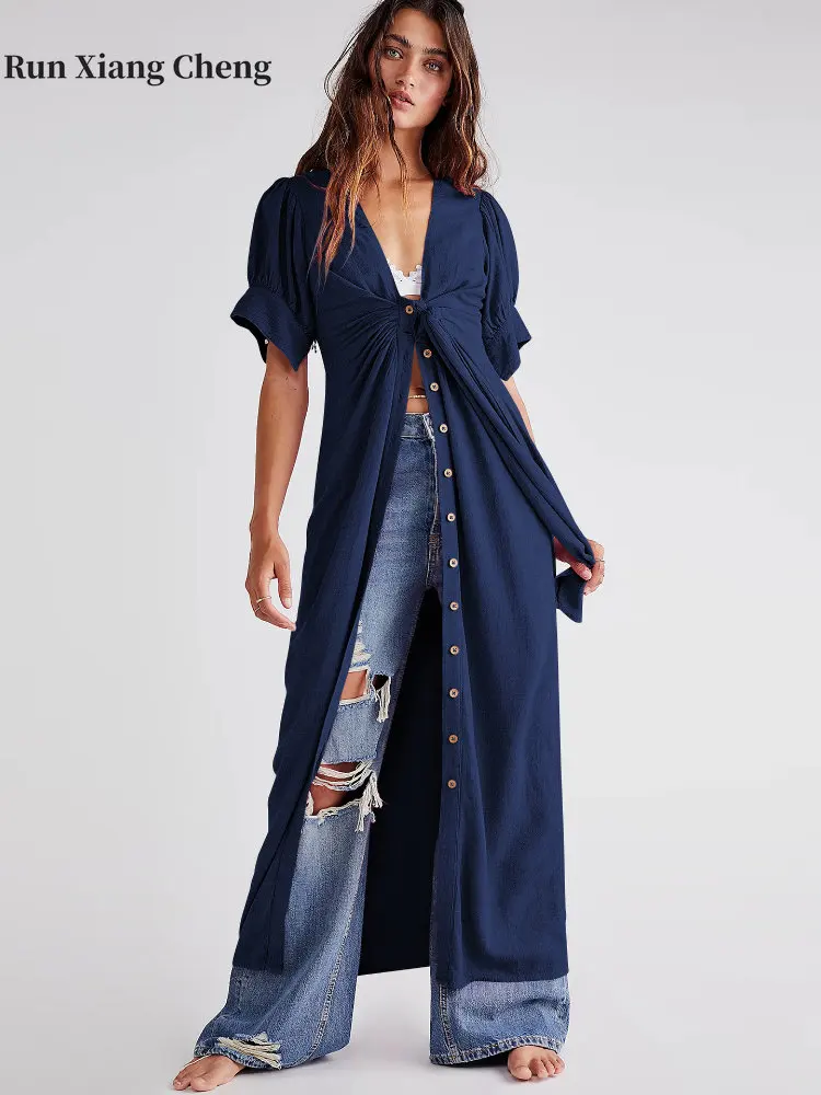 

Женский Универсальный кардиган на пуговицах, элегантное свободное платье макси на шнуровке с коротким рукавом, праздничное платье, Новинка...