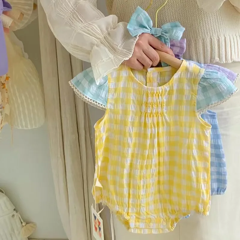 

2023 New Contrasting Color Bow Coat Fashionable Baby Thin Plaid One Piece Summer romper