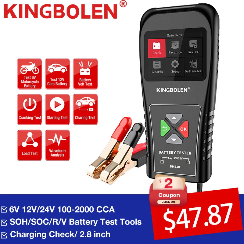 KINGBOLEN BM510 Car Battery Tester For 6V 12V 24V Motorcycle Car Truck Battery Analyzer Charging Test Tool Battery Tester