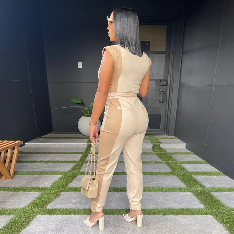 Women's Casual Baggy Overalls Jumpsuit With Pockets Matching Waist Trimming Shirt Short Sleeve Jumpsuit With Belt