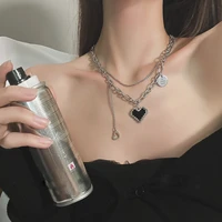 2022 new double layer necklace for women punk fashion heart letter pendant stainless steel hip hop chain tassel jewelry