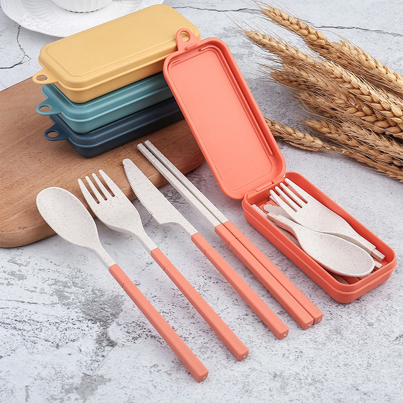 

1set Wheat Straw Dinnerware Set Portable Tableware Knife Fork Spoon Chopsticks Set Travel Cutlery Set Eco-Friendly Utensil Box