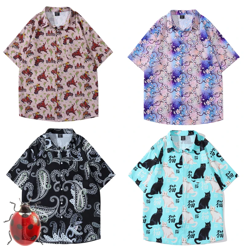 

Cashew Flower Cat Printing Casuan Men Women Hawaii Beach Short Shirt