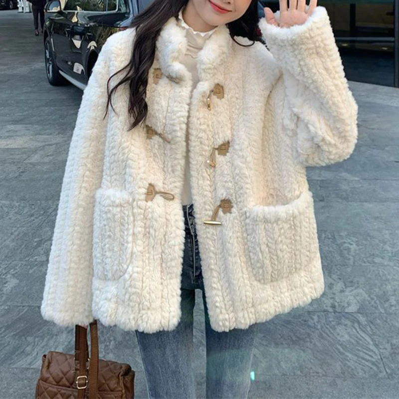 Lamb coat women's autumn winter thickened 2022 new Korean cowhorn button small cotton jacket  Cashmere  Thick （Winter)