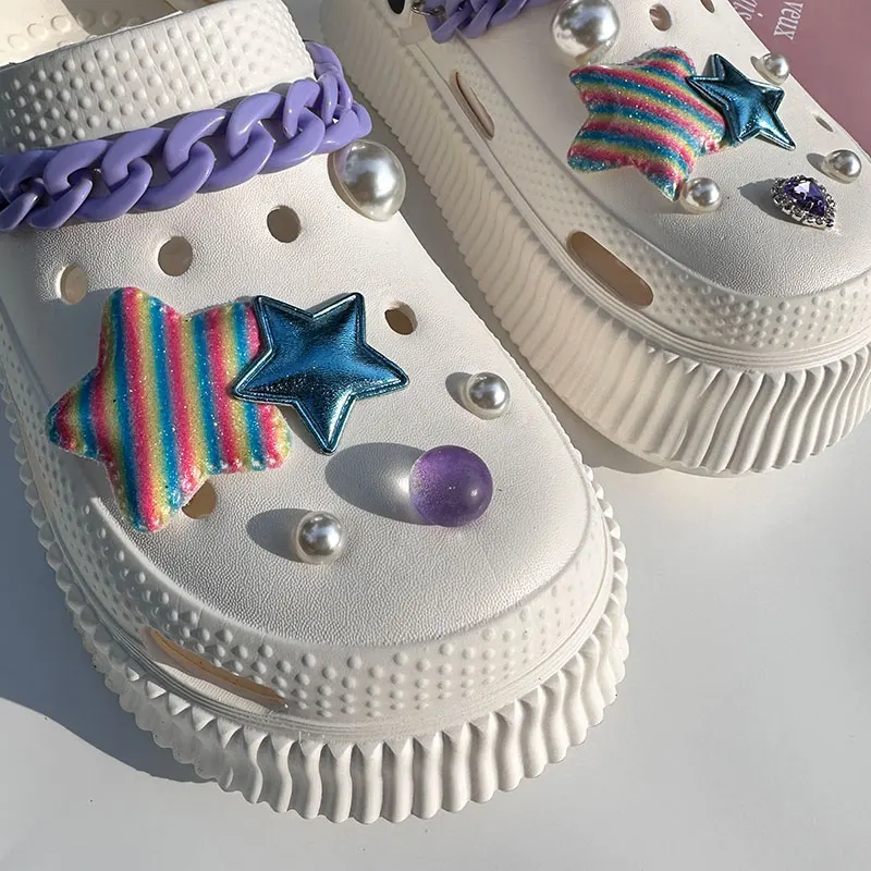 Y2K Stars Shoes Charms Purple Chunky Acrylic Chains Vintage Bling Heart Rhinestones Starry Sky Pearl Accessories Shoe Jewelry