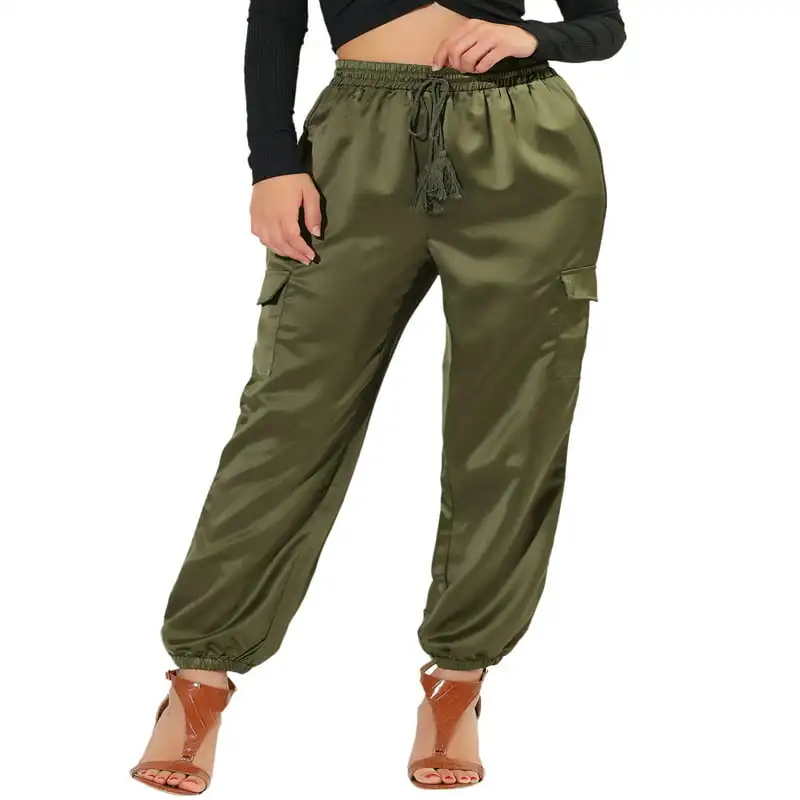

Women`s Drawstring Elastic High Rise Silky Satin Cargo Solid Pants