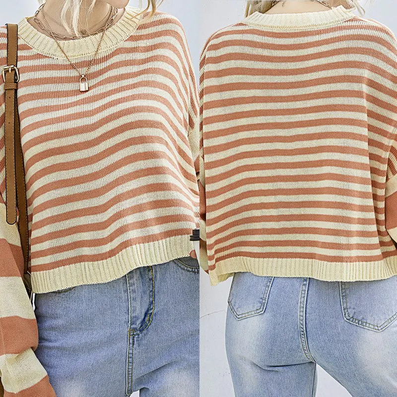 

Новый вязаный свитер с круглым вырезом, свитер в полоску, женские вязаные свитера, женский тонкий пуловер с круглым вырезом, свитер