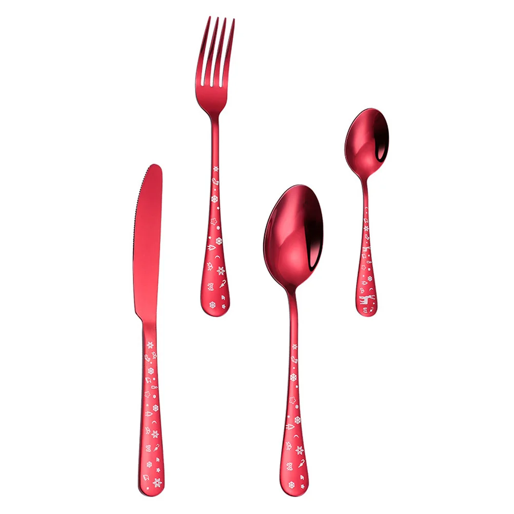 

1 Set Stainless Steel Tableware Spoon Fork Set Home Tableware (Red)