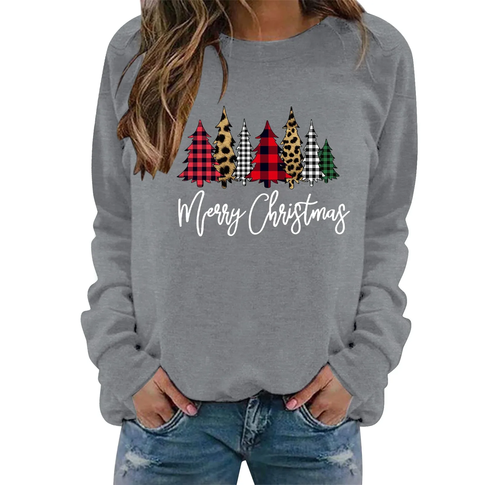 

Рождественский Женский свитшот с круглым вырезом, рождественский джемпер с длинным рукавом, повседневные рождественские топы, яркий свите...