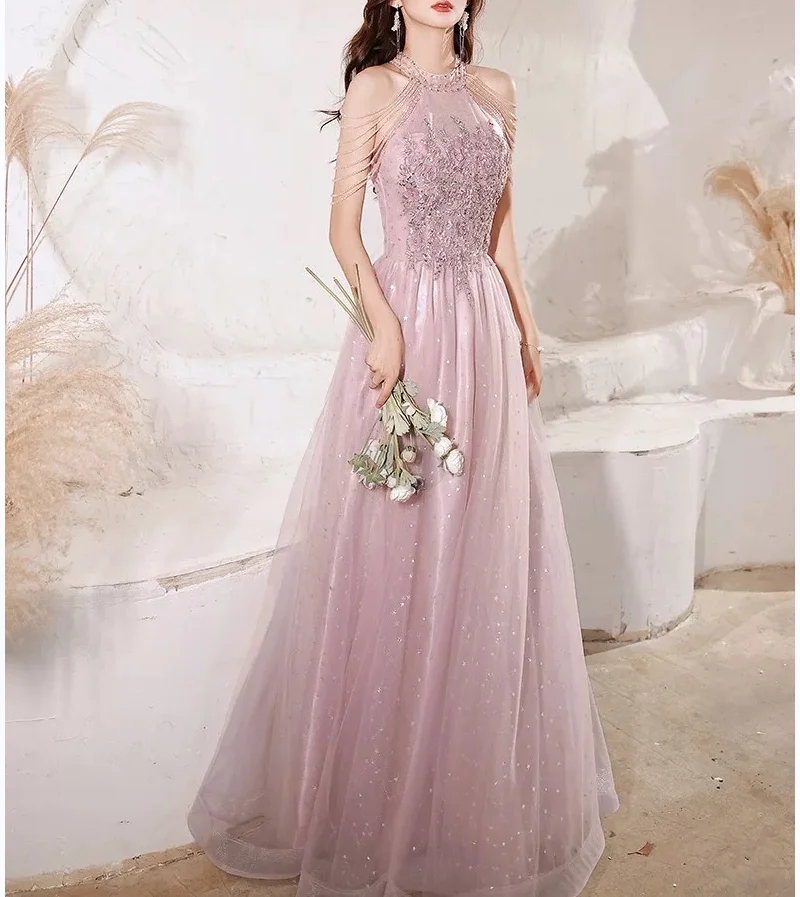 

Haute Couture Pink Halter A-Line Sleeveless Spaghetti Strap Beading Evening Dress Tulle Sweep Train V-neck Formal Prom Dress