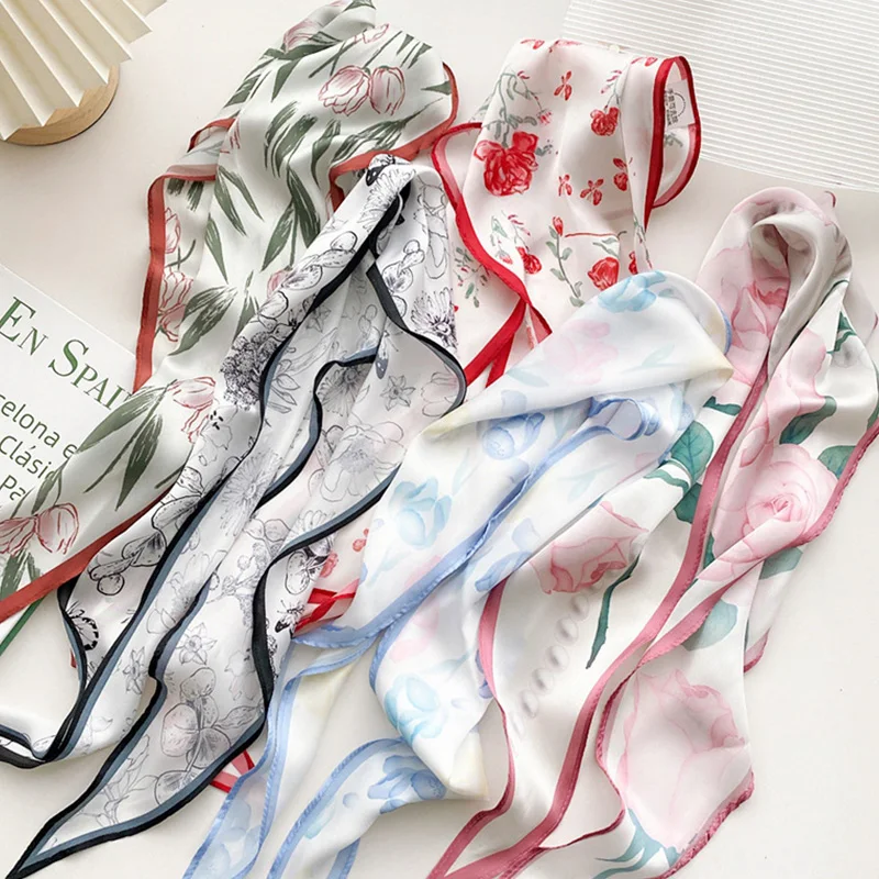 

105*26 см шейный галстук, лента, шарф в форме бриллианта для женщин, модный принт тюльпана, длинный Шелковый атласный, тканевый декоративный ша...