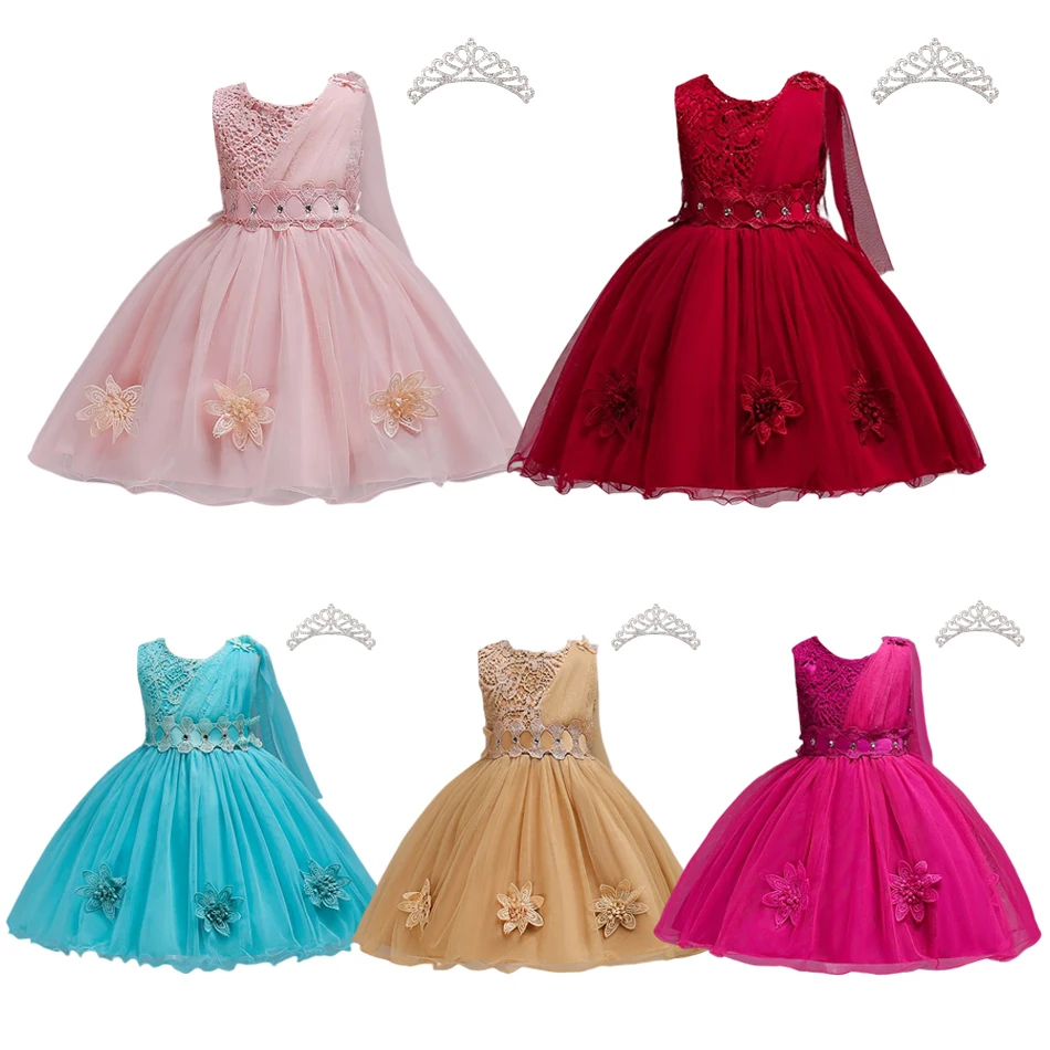 

Summer Girl Flower Birthday Tulle Dress Bow Wedding Gown Kids Evening Party Princess Red Pink Clothing Baby Girl Bowknot Dresses