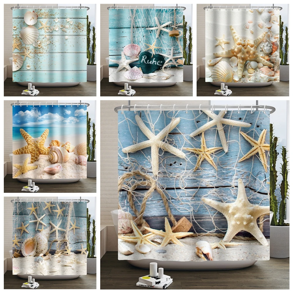 

Ocean Beach Scenery Waterproof Shower Curtains 3D Printed Sea Wave Blue Sky Shell Starfish Bath Decor 180x200cm Bathroom Curtain