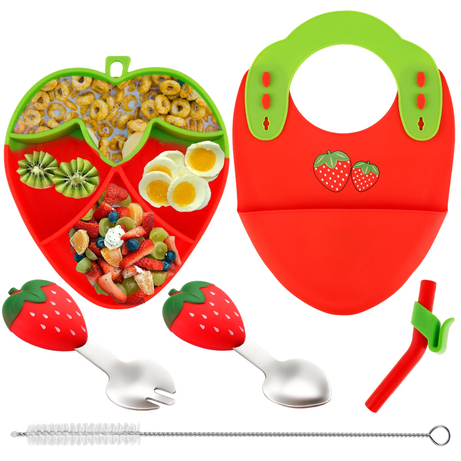 

6Pcs Silicone Baby Feeding Set Strawberry Baby Tableware Set Cute Baby Feeding Utensils Set Baby Led Weaning Set with Adjustable