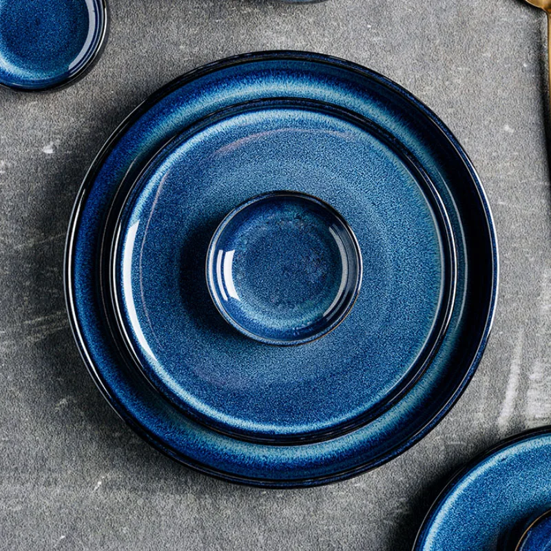

KINGLANG Kiln Glazed Ceramic Plate Round Dish Dinner Plates Japanese Style Star Blue Color Tableware Dropshipping