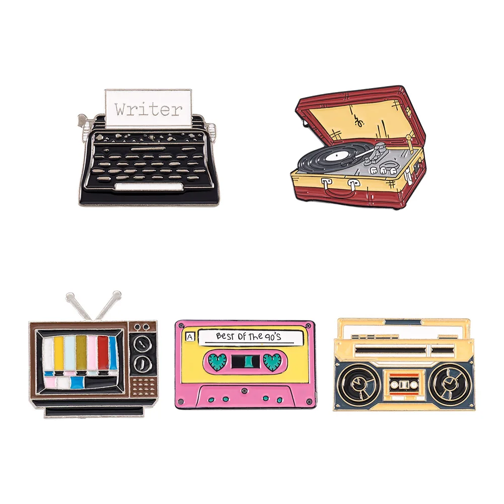 

5Pcs Alloy Enamel Brooch Radio & Record & Typewriter & Television Enamel Pins Appliance Theme Badges For Backpack Garment Decors