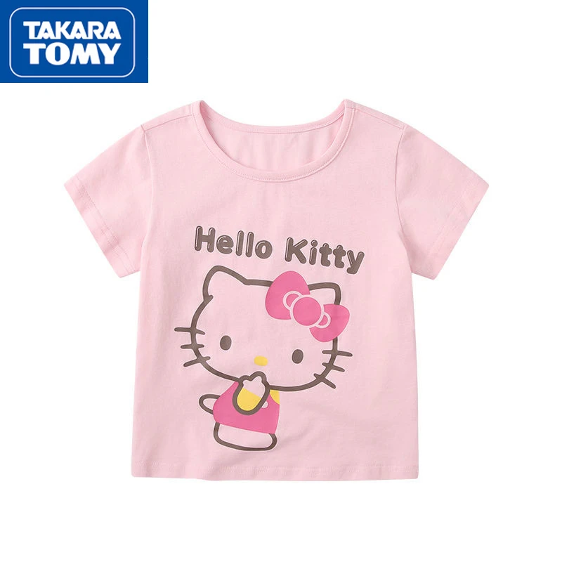 

TAKARA TOMY Cute Hello Kitty Short-sleeved Children's Cotton Moisture-absorbing Breathable T-shirt Girls O-neck Top Half Sleeve