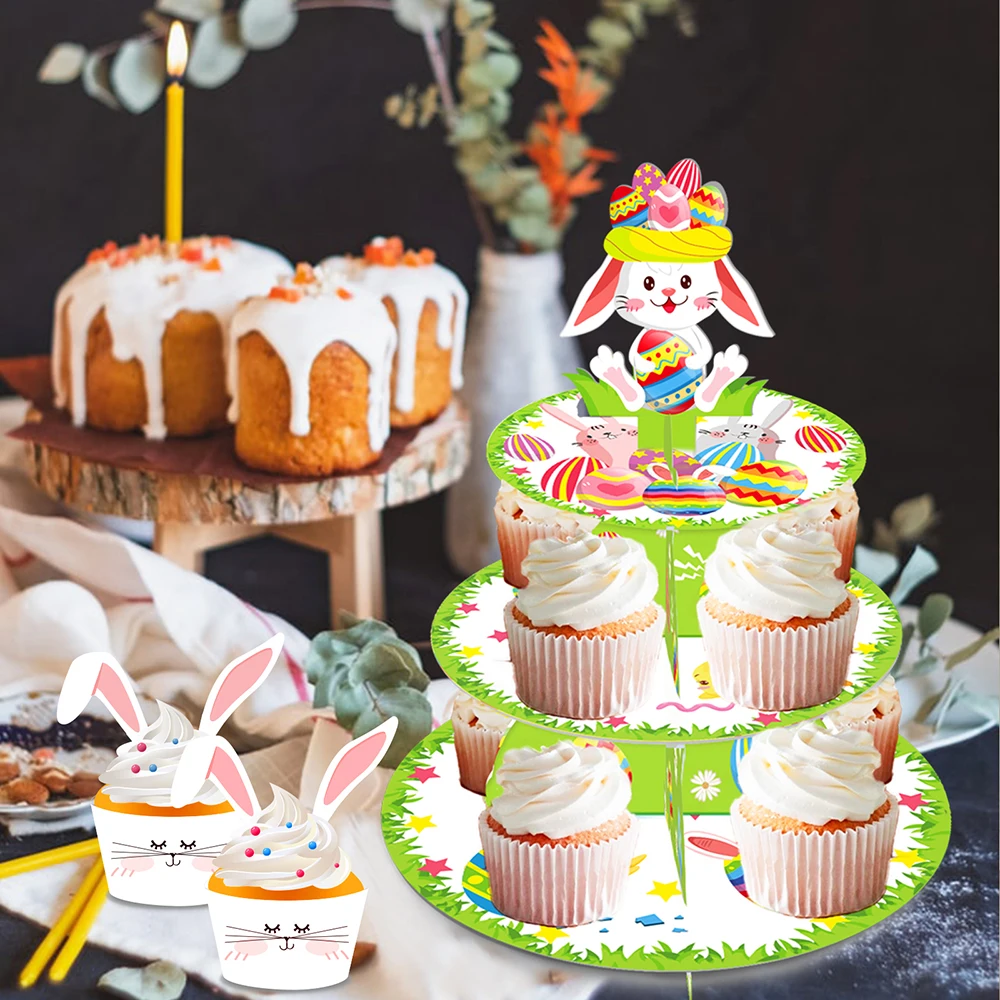 

3-layers Cartoon Rabbit Chicken HAPPY EASTER Day Party DIY Cupcake Display Tray Stand Cake Platform Easter Egg Party Decorations