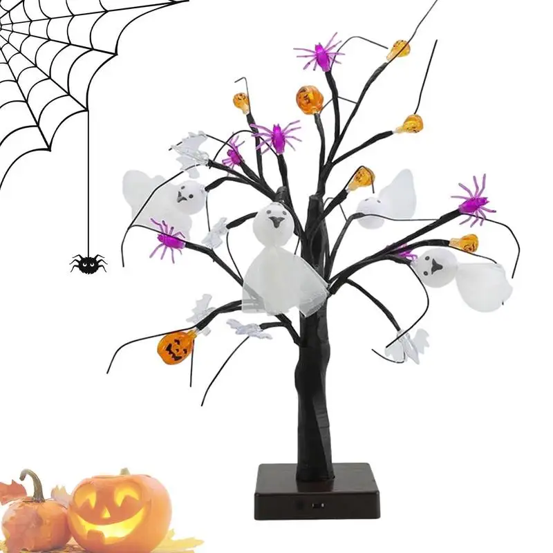 

Черное заднее дерево, освещенное украшение для Хэллоуина с тыквой, призраками, огнями, страшное спутанное черное украшение из березы