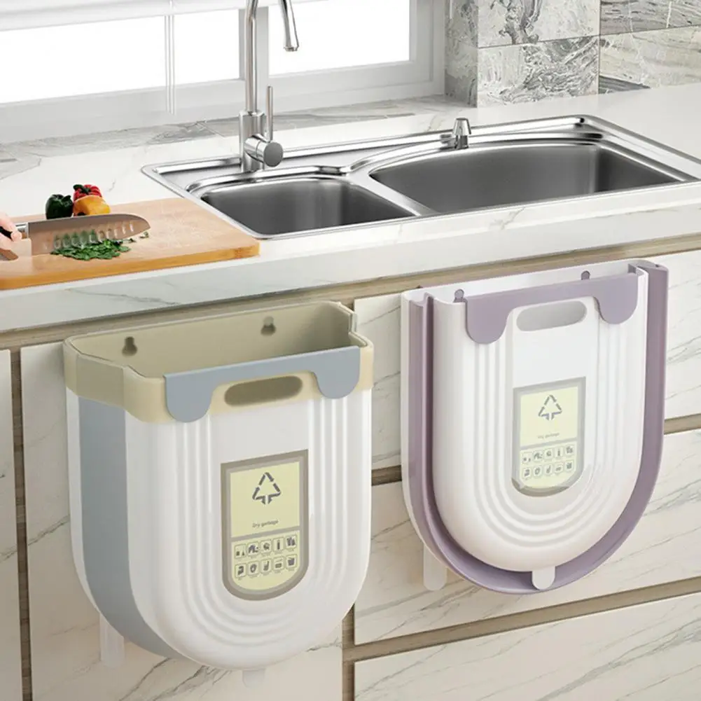 

Trash Can Wall-mounted Foldable Space-Saving Rubbish Bin with Buckle Cabinet Door Wall Hanging Storage Basket Home Supply