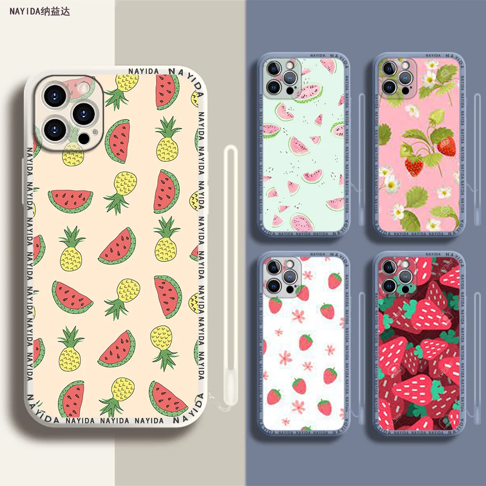 

Soft Silicone Phone Case For iPhone 14 13 11 12 Mini Pro Max XS XR X Blue Lanyard Cover Watermelon Strawberry Pattern