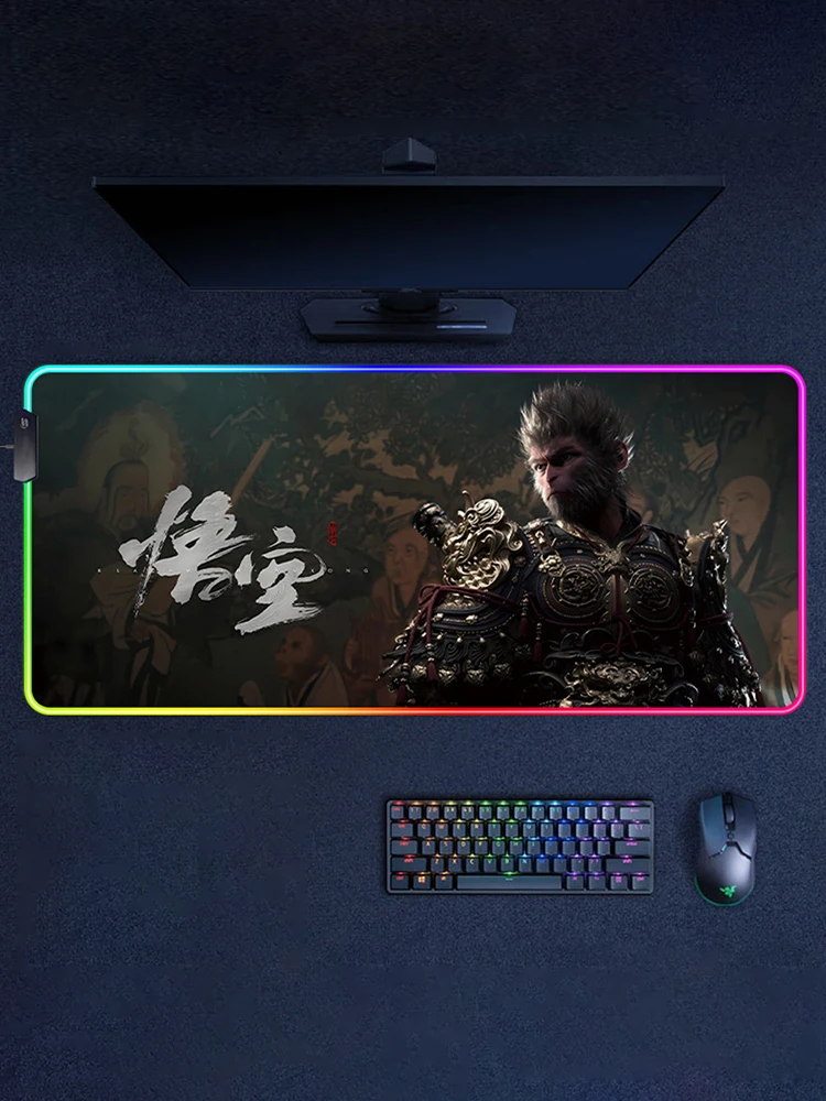 Большой игровой коврик для мыши Black Myth WuKong светодиодный клавиатуры нескользящий