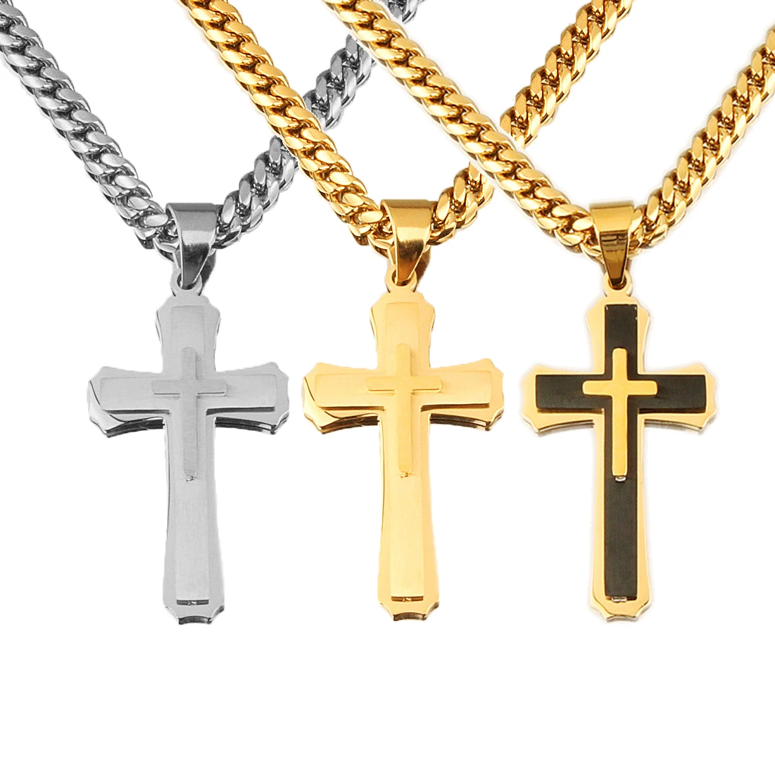 

New Fashion Cross Pendant With 3mm 24inch Miami Chain Necklace For Men Women 316L Stainless Steel Punk Jewelry Gift
