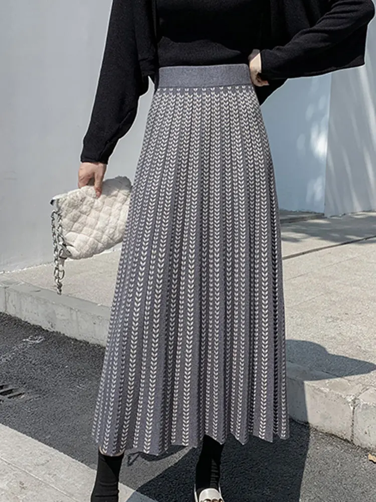 

SURMIITRO 2022 зимняя корейская мода Толстая теплая полосатая трикотажная миди длинная Плиссированная юбка женская юбка с высокой талией