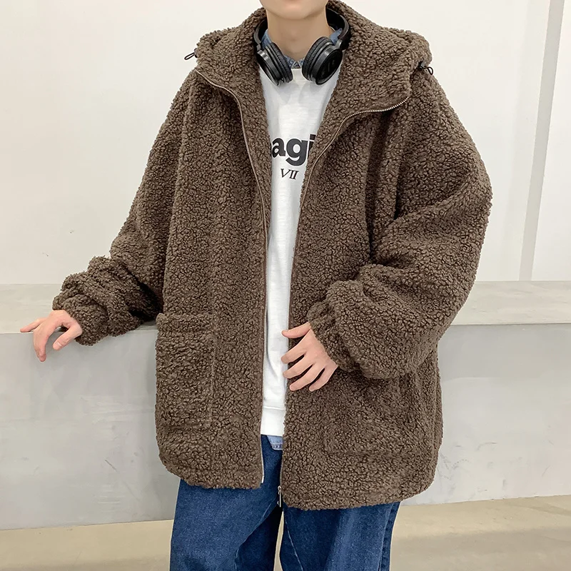 

Winter Thick Hooded Jacket Men Warm Fashion Retro Thicken Lamb Wool Jackets Mens Streetwear Korean Loose Short Coat Men Outwear