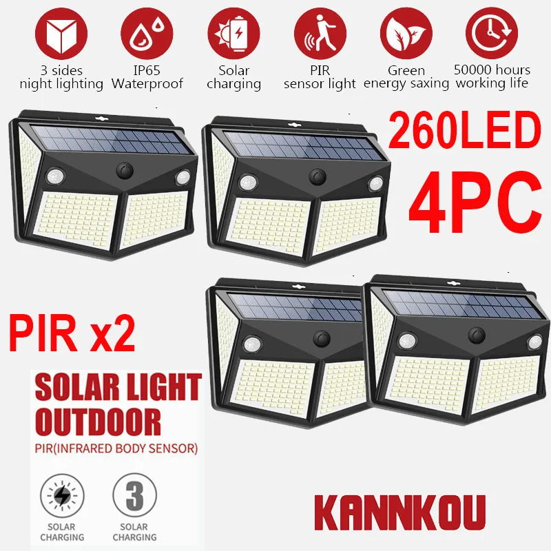 

KANNKOU Солнечный свет s Открытый 4PC 260LED 2 PIR датчик движения IP65 водонепроницаемый наружный светодиодный настенный светильник