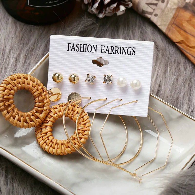 

6 Pairs Bohemia Weaving Hoop Earrings Set Geometric Ear Studs Acrylic Pearl Circle Tassel Earrings Women Drop Earrings Jewelry