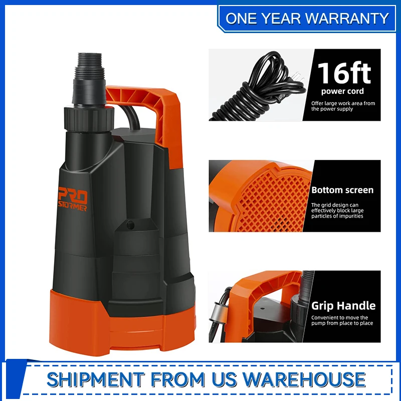 1HP 3430GPH Портативный бытовой погружной дренажный насос для бассейна и подвала