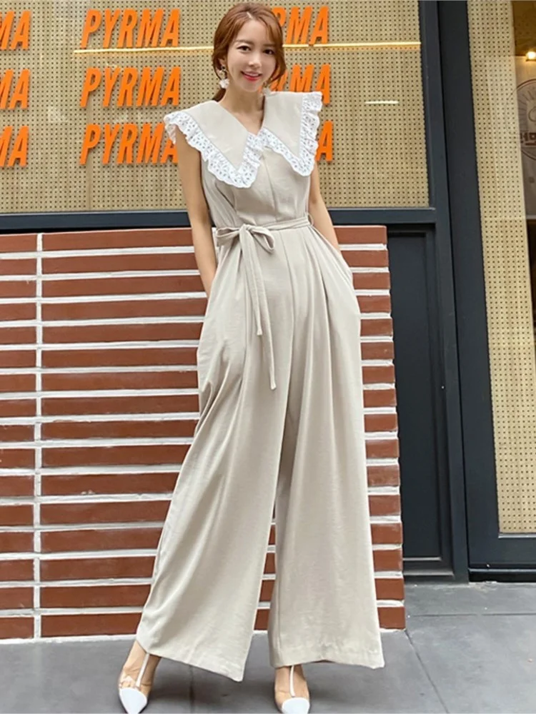 

Sleeveless Summer Lapel Women's Lace Jumpsuit Korean Style Loose High Waist Wide Leg Pants Fashion Lace Jumpsuit Femal2023