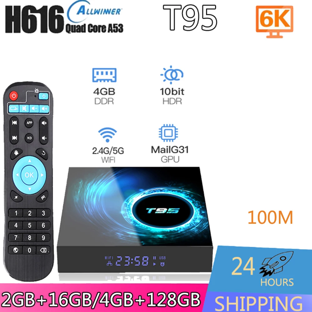 ТВ-Приставка Smart Android T95 6K ULTRA HD H616, четырехъядерный процессор, Android 2,4, 100 ГГц и телефон, двойной Wi-Fi, BT5.0, Ethernet, М, ТВ-приставка, медиаплеер