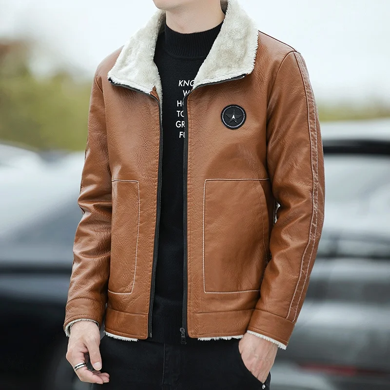 Кожаное пальто Дятел мужское кожаное с меховым воротником модная повседневная