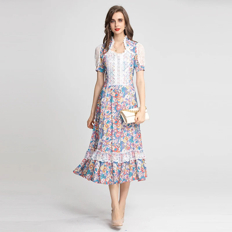 

MIUXIMAO 2022 High Quality Spring&Summer Elegant Dress Short Sleeve Lace Print Fashion Long Dress Women Vestides