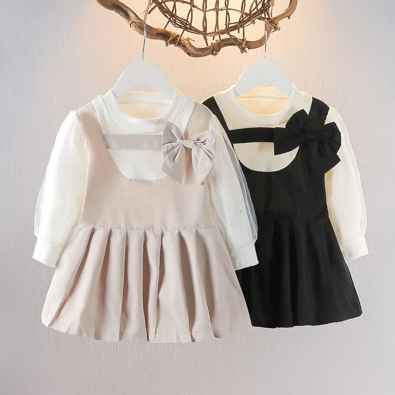 

Autumn Baby Girl Dress Korean Puff Sleeve Mesh Panel Princess Dress Infant Fashion Casual Pleated Dress