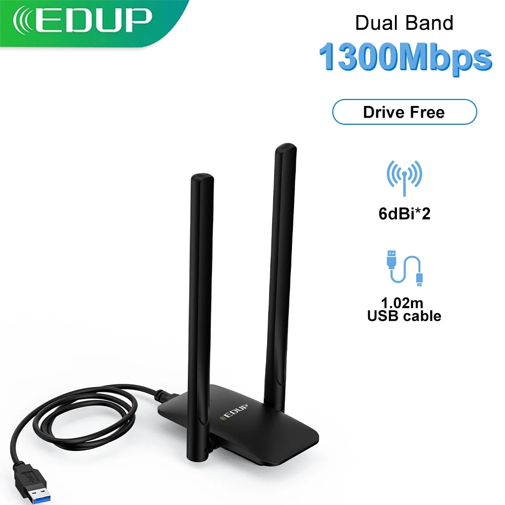 Фото EDUP 1300 Mbps USB WiFi адаптер 2.4G и 5.8G беспроводная сетевая карта с кабель 2 * 6dBi антенный