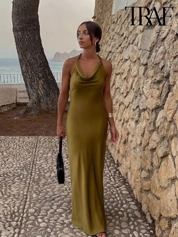 

Платье-миди атласное с открытой спиной, без рукавов, Y2K