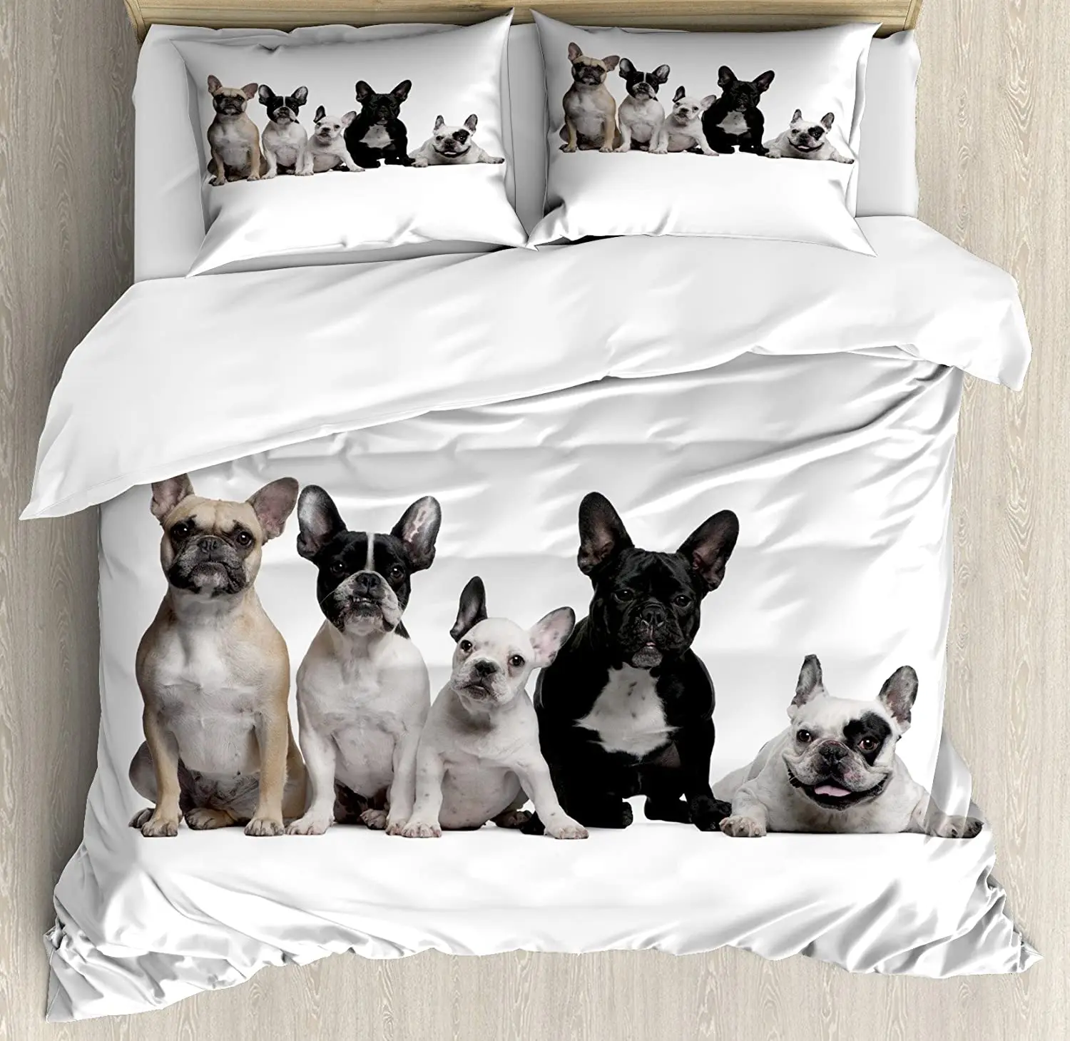 

Bulldog Bedding Set Comforter Duvet Cover Pillow Shams Group of Young French Bulldogs with Adorable Bedding Cover Double Bed Set
