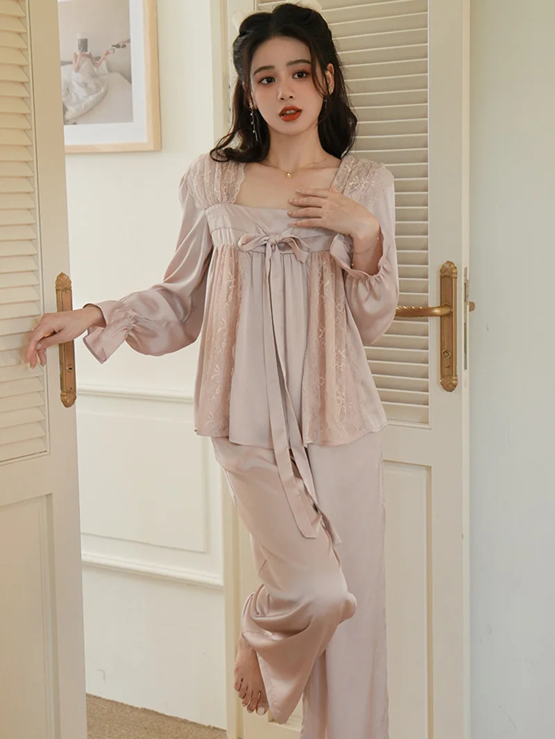 French Silk Pajamas for Women Lace Ruffles Fairy Shirt Lounge Two Piece Sweet Femme Nightgowns Victorian Princess Sleepwear