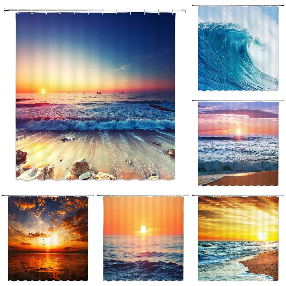 

Sunset Beach Scenery Shower Curtain Sunrise Ocean Wave Pink Cloud Tropical Natural Landscape Fabric Bath Curtains Bathroom Decor